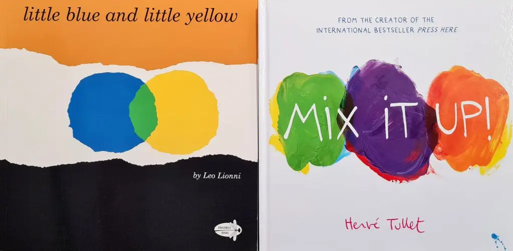 Kids books on colour for the elementary art room.